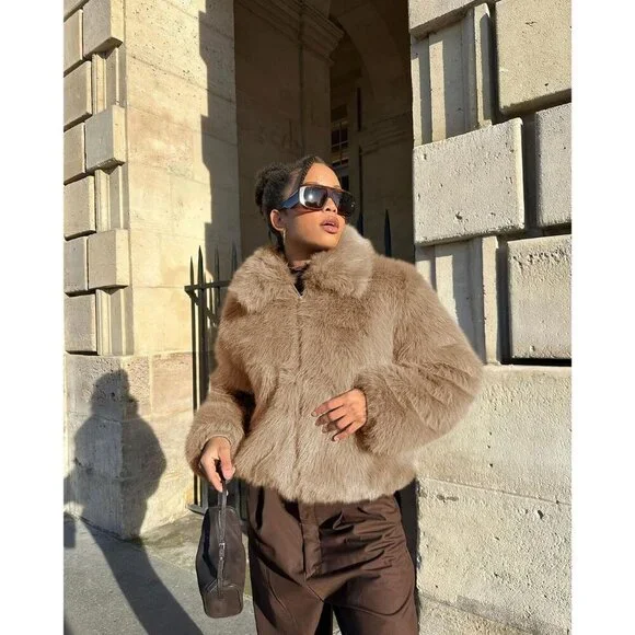 Women's Faux Fur Coat Winter Shaggy Casual Oversized Lapel Jackets Warm Khaki - Picture 6 of 6